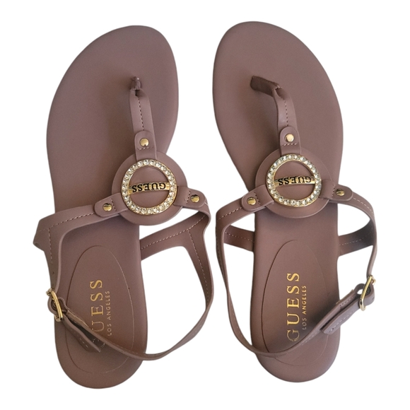 Guess Los Angeles Medna Rhinestone T-Strap Rose Gold Open Toe Sandal, Size 7M - Picture 2 of 15